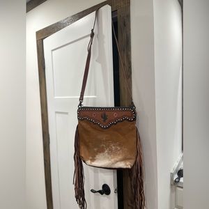 Brown and White Cowhide Crossbody, Cactus, Long Fringe, 22" Tooled Leather -Myra